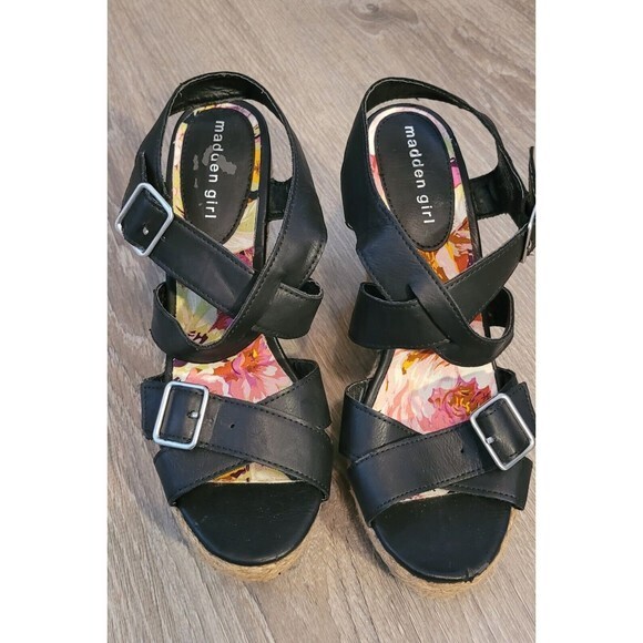 Madden Girl‎ Black Stackful Espadrille Platform Wedge Sandals 9M - Picture 1 of 13